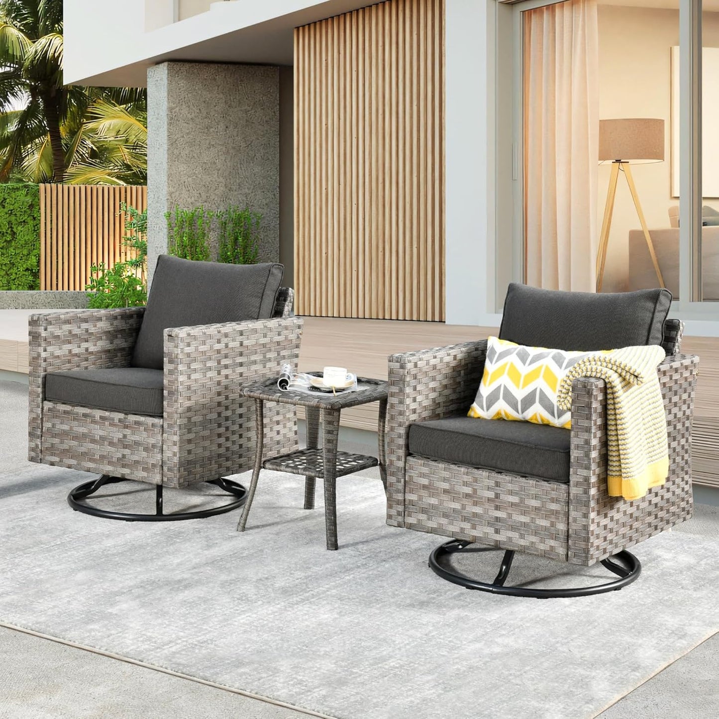 Patio Swivel Rocking Chair Set of 2 with Coffee Table,Comfortable Outdoor Wicker Glider Chair with Deep Seat, Porch Rocker Chair for Balcony Garden Backyard (Black)