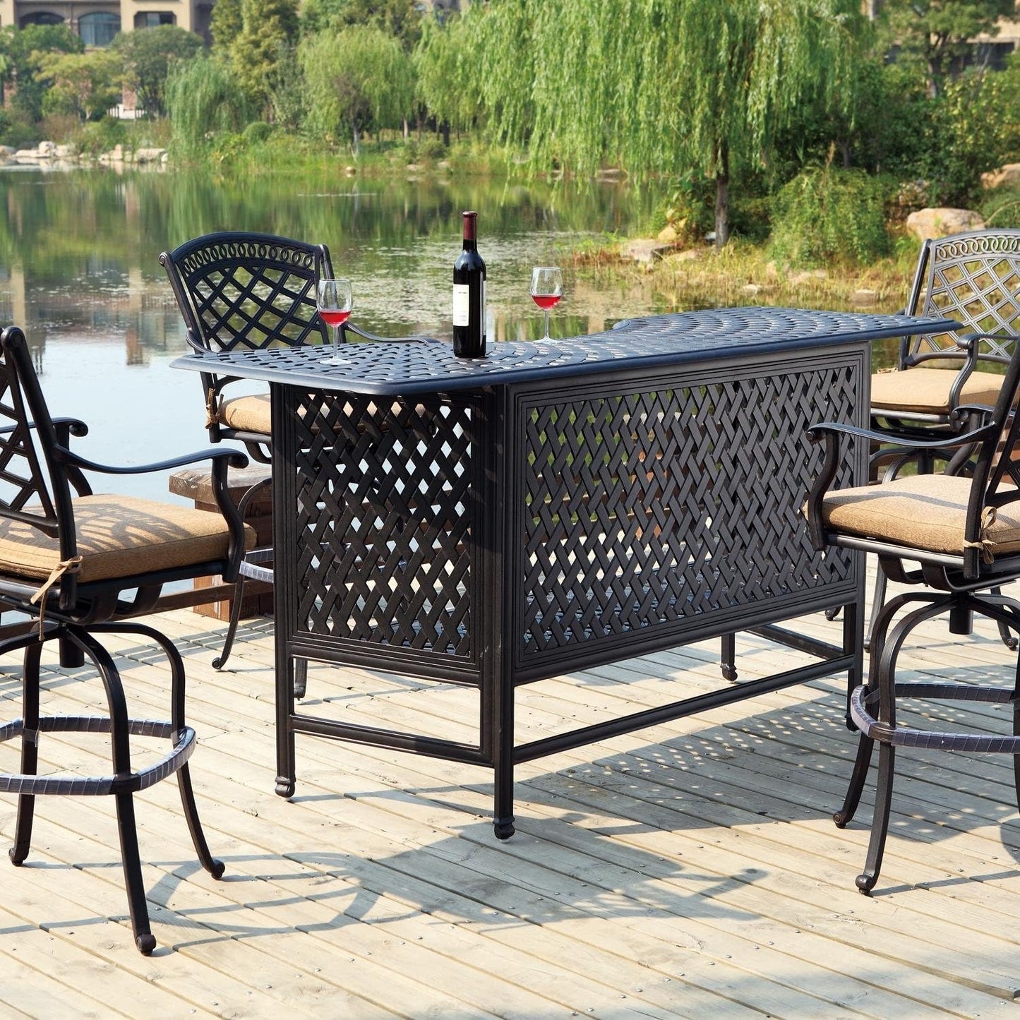 Darlee Sedona 5 Piece Cast Aluminum Patio Party Bar Set with 360-Degree Swivel Bar Stools, High Top Bar Table, and Elegant Lattice Design in Antique Bronze Finish