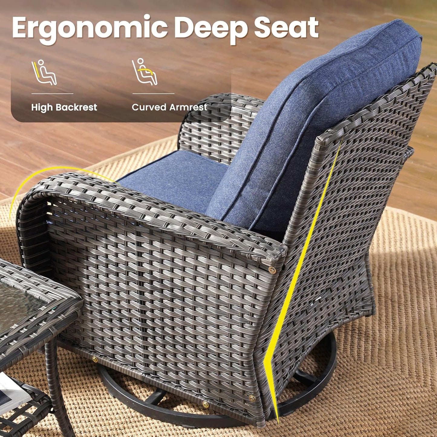 ovios 7 Pieces Patio Furniture Set, Outdoor Wicker Sofa with Swivel Chairs, Coffee Table, All Weather High Back Rattan Loveseat Couch with Comfy Cushions, Denim Blue