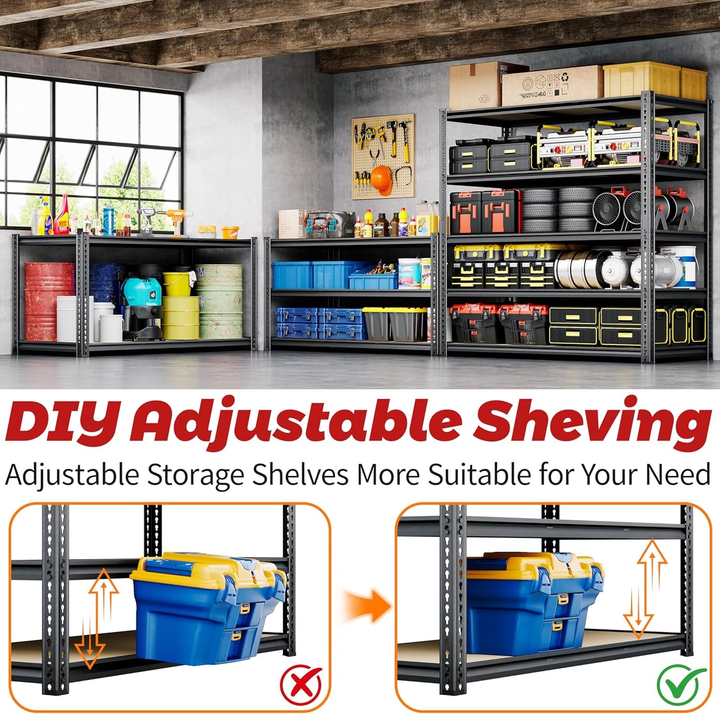 48"W Garage Shelving, 3050LBS Storage Shelves heavy duty, 5 Tier Metal Shelving Unit Adjustable Garage Shelves Heavy Duty Shelving for Warehouse,Commercial, Kitchen, 48" W × 24" D × 72" H, Black,2PCS