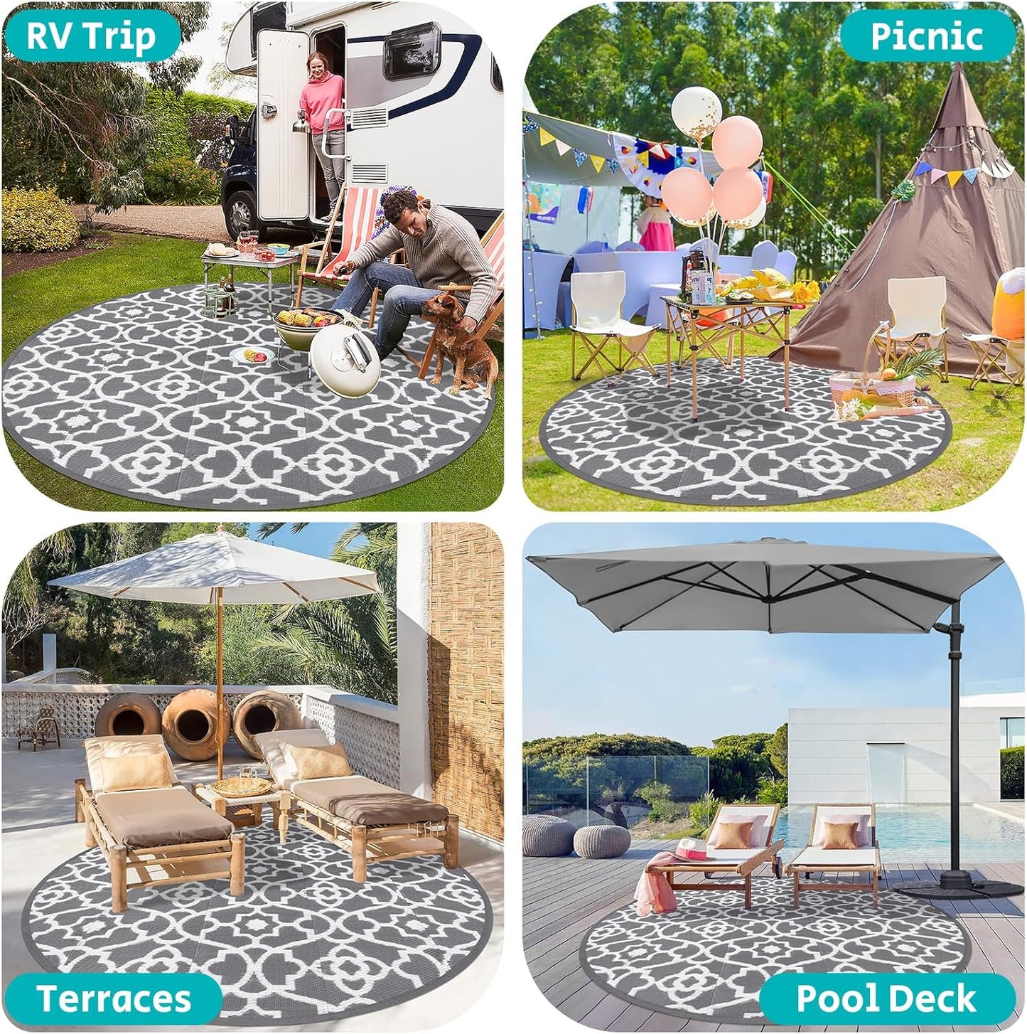 HEBE Outdoor Rug Waterproof 8ft, Plastic Straw Rug Camping Rug, Reversible Outdoor Patio Rugs RV Mat Clearance, Indoor Outside Floor Carpet for Porch,Deck,Camper,Balcony,Backyard