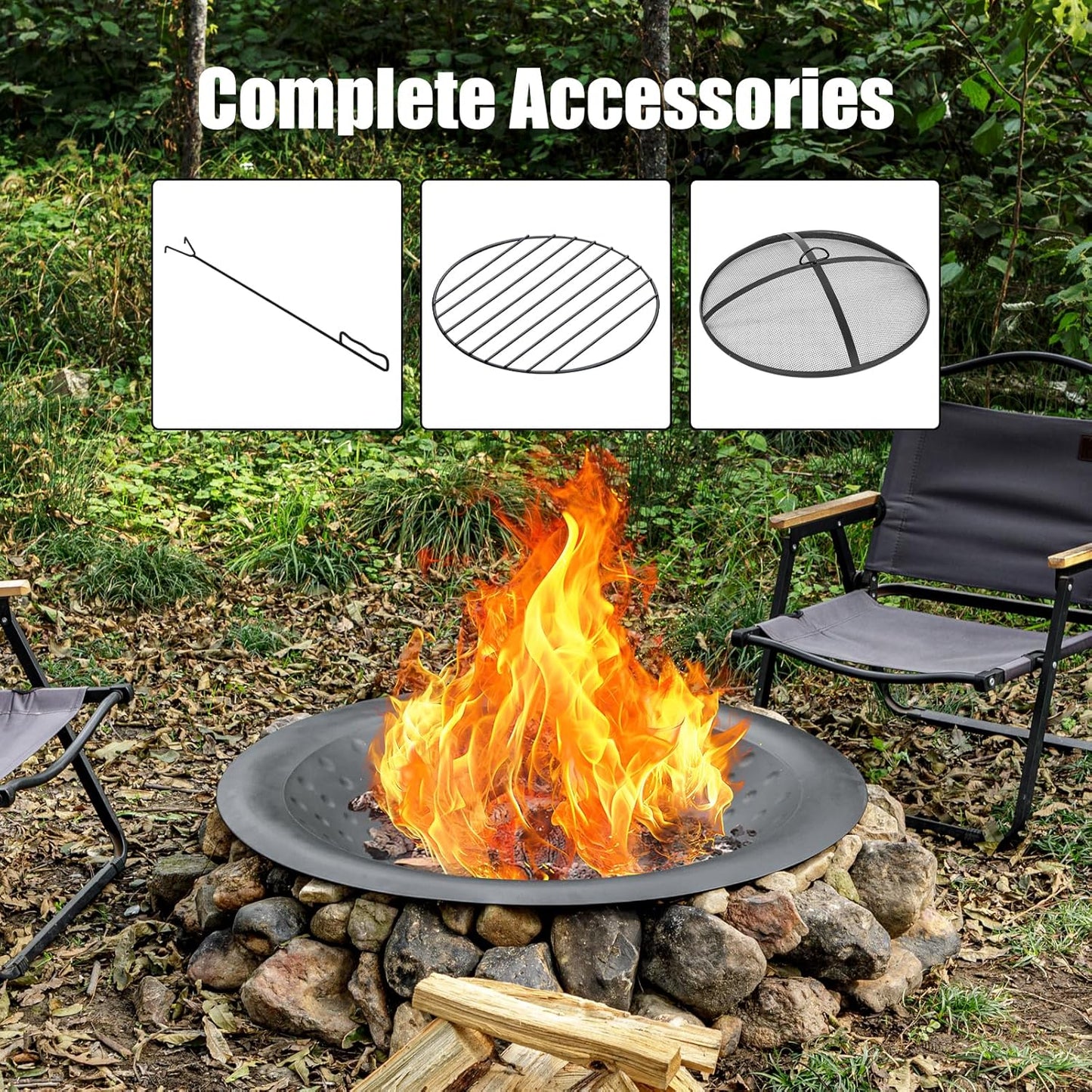 35 inch Steel Fire Bowl for DIY or Replacement Existing Fire Pits, Wood Burning Fire Pit Bowl with Spark Screen &Fire Poker, Fireplace for Backyard, Porch, Deck, Camping, BBQ (Circle Dot)