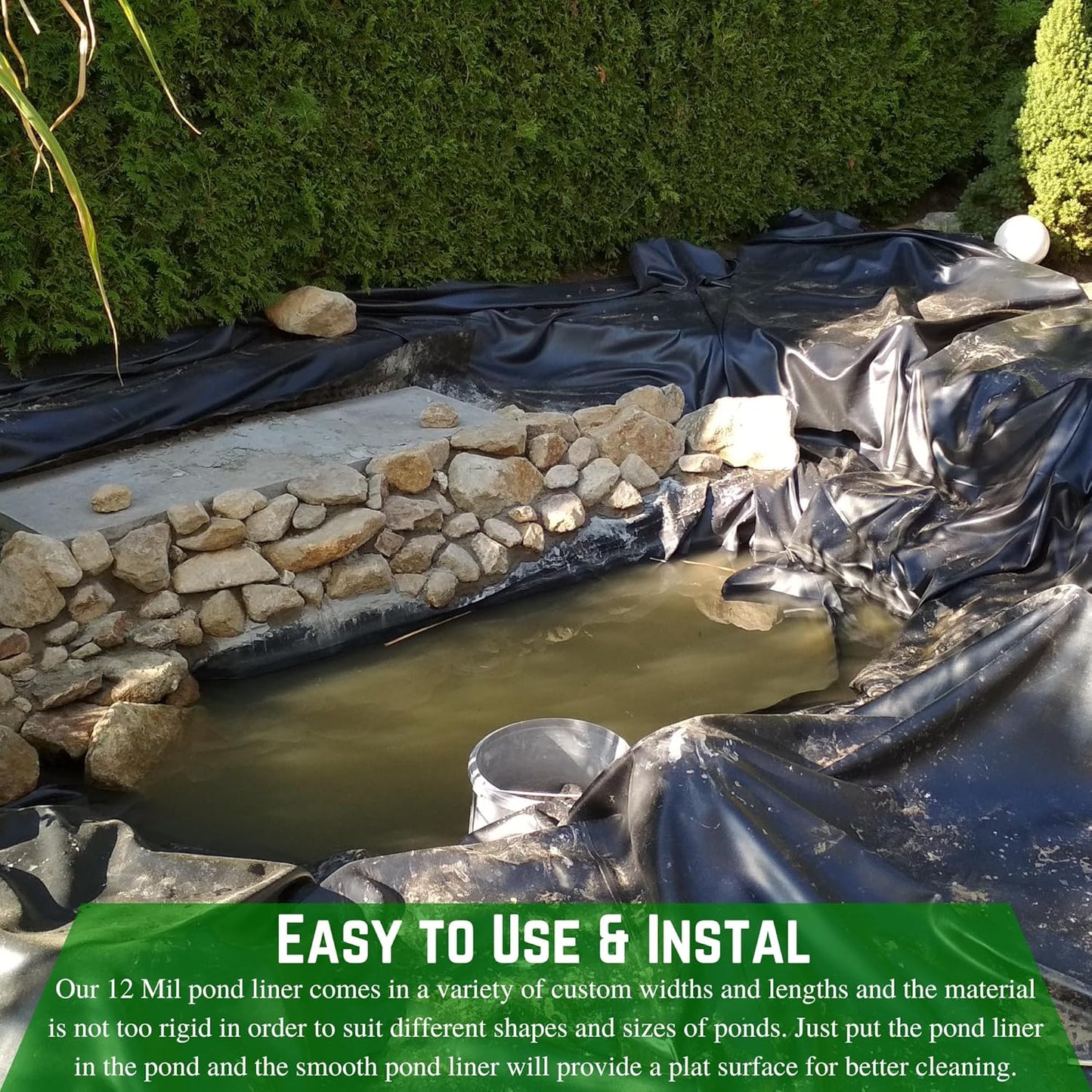 Farm Plastic Supply - 12 Mil String Reinforced Black/White Pond Liner - 12 Mil Fish Pond HDPE Liner, Pond Liners for Outdoor Ponds, Koi Ponds, Garden Fountain, Containment Liner (6' x 15')