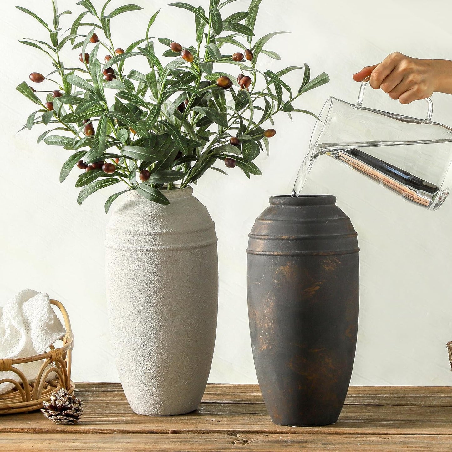 Large Ceramic Rustic Vase - 12.87 inch Tall Decorative Farmhouse Vase for Home Decor, Living Room, Shelf Decor, Enterway, Office, Table Decoration