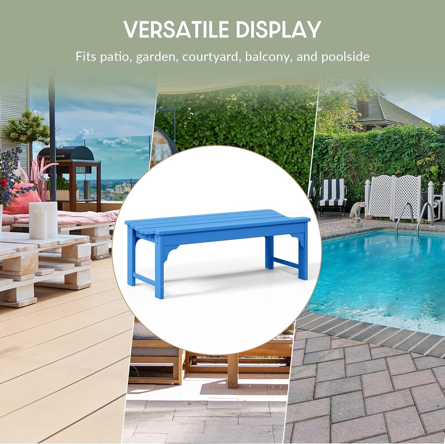 WestinTrends Malibu Outdoor Bench, All Weather Resistant Poly Lumber Backless Patio Garden Bench, Adirondack Curved Bench Seat for Comfort, Pacific Blue