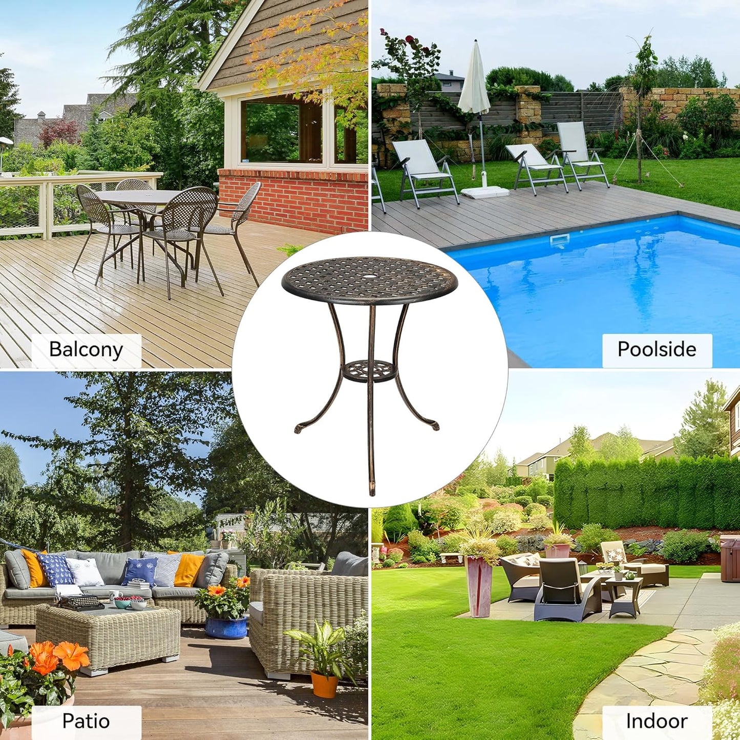 GarveeHome Patio Bistro Table, 24" Round Outdoor Coffee Table with 2" Umbrella Hole, Outdoor Cast Aluminum Bistro Table Side Table with Iron Frame for Balcony Backyard Lawn and Garden, Rustic Brown
