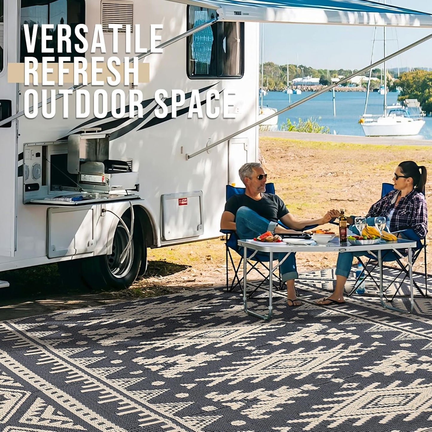 OLANLY Outdoor Rug Waterproof 9x12 ft, Reversible Outdoor Plastic Straw Rug, Boho Patio Rug, Indoor Outdoor Carpet, RV Mat Outside for Patio, Camp, Picnic, Balcony, Deck, Backyard, Black & Beige