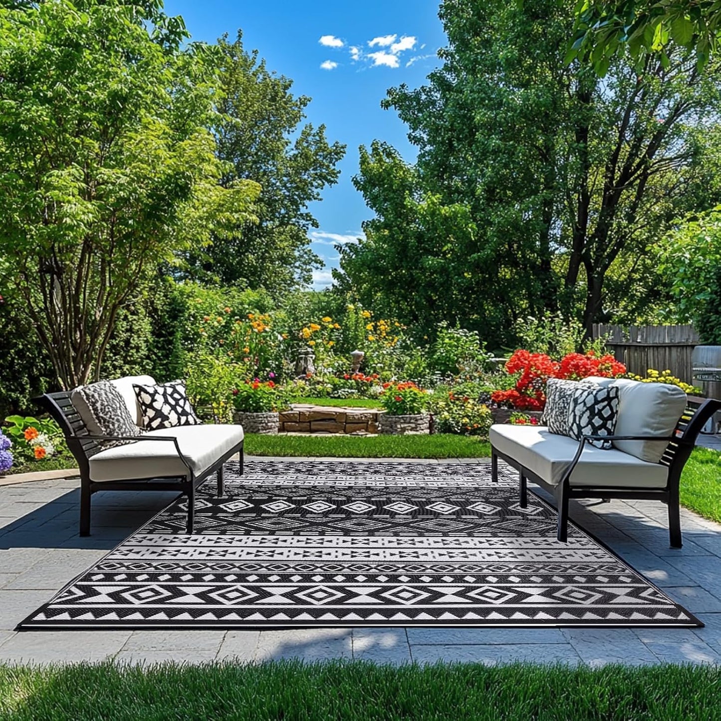 WILDROOTS 5x8 Feet Black and White Plastic Outdoor Rug, Stain Resistant Waterproof Reversible Outdoor Patio Rug, Fade Resistant Camping Rug