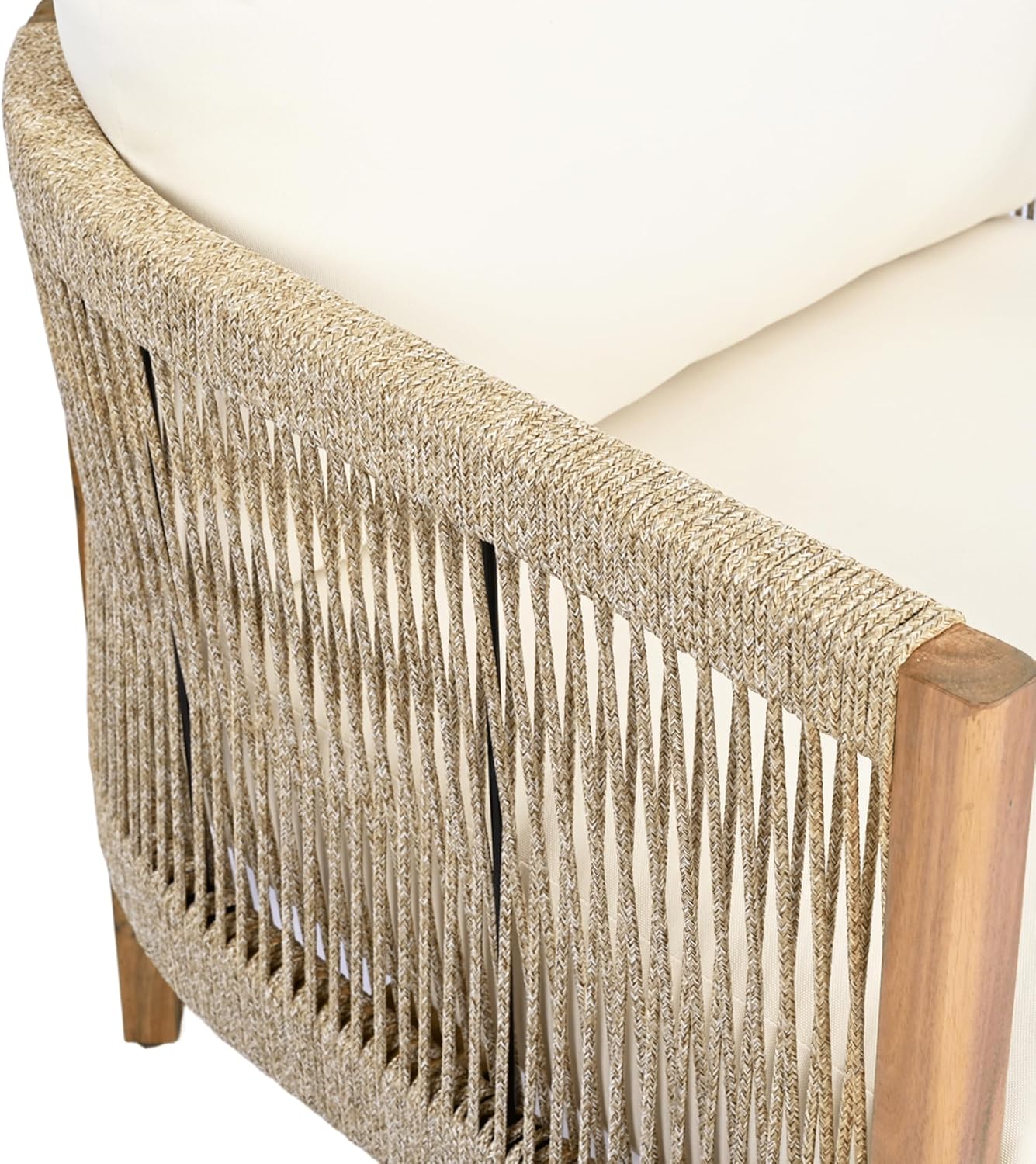 Christopher Knight Home Havets 5 Pieces Outdoor Acacia Furniture Set, Woven Rope Loveseat and Accent Club Chairs, 6" Thick Cushions Sofa and Coffee Table Set for Backyard Garden Balcony, Teak+Beige