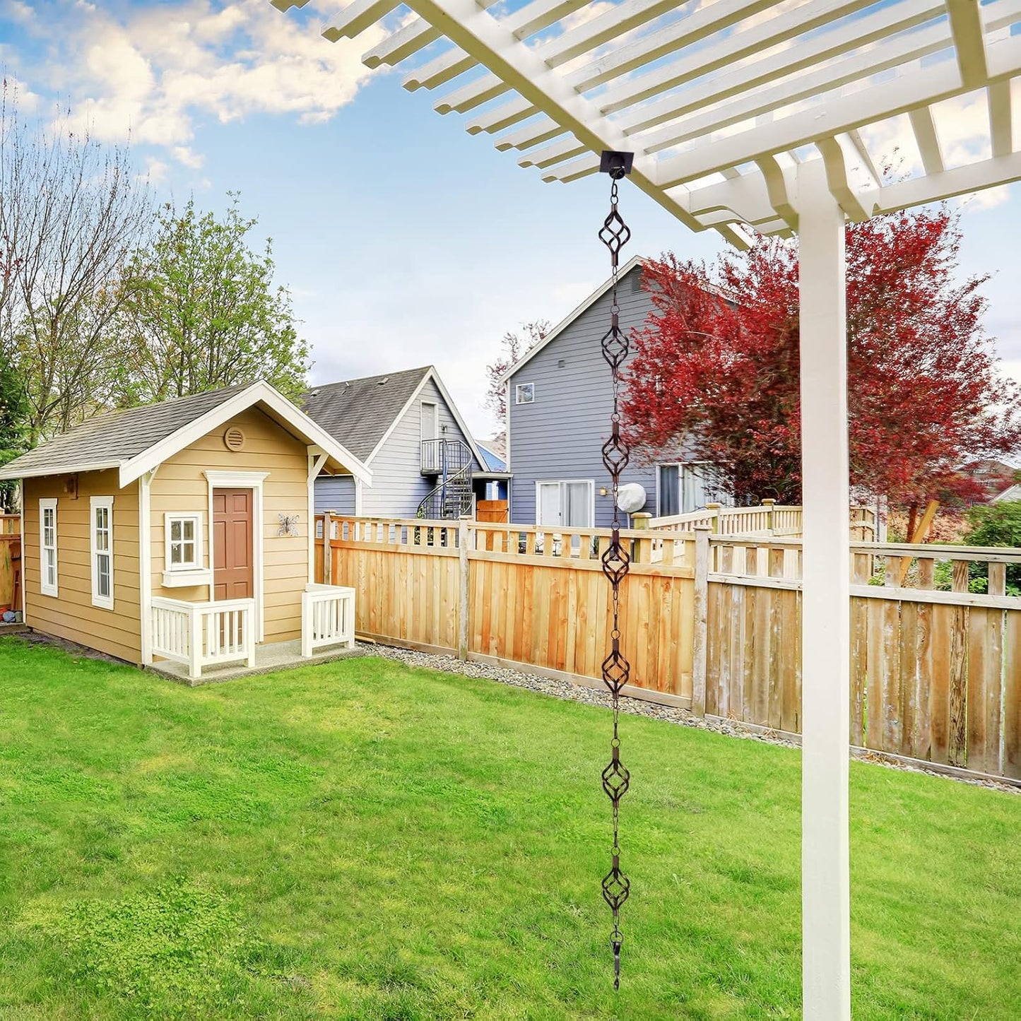 Rain Chain Bird Cage Set 8.5Ft, Not Rust Wrought Iron Rain Chains for Gutters with Adapter Gotta Drain and Sturdy Anchoring Stake,13 Cups, 1 Hook, Adjustable Length for Garden Decorative (Coffee)