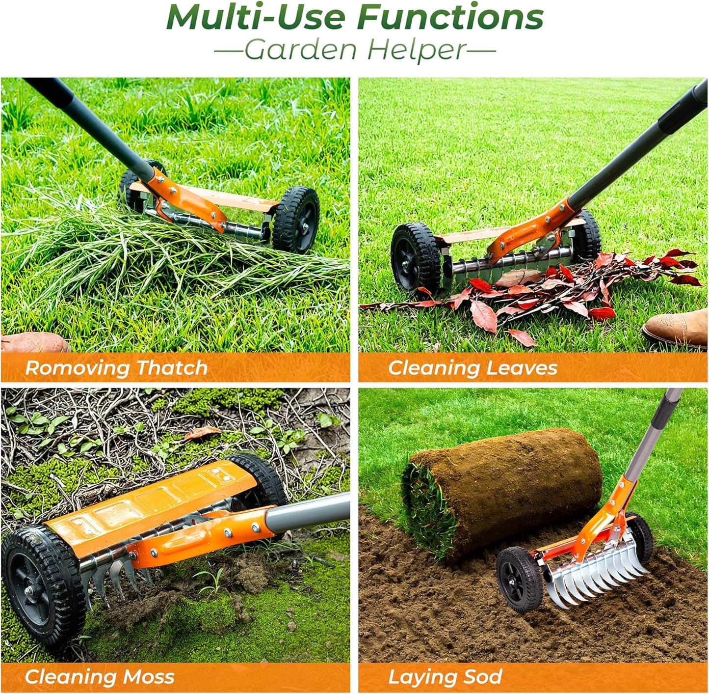 Walensee Dethatching Roller Rake with 76.8'' Adjustable Handle, 2mm Stainless Steel Blades, Heavy Duty Lawn Thatch Remover for Moss, Grass Clippings, Leaves & Debris – Ideal for Yard & Garden Cleanup