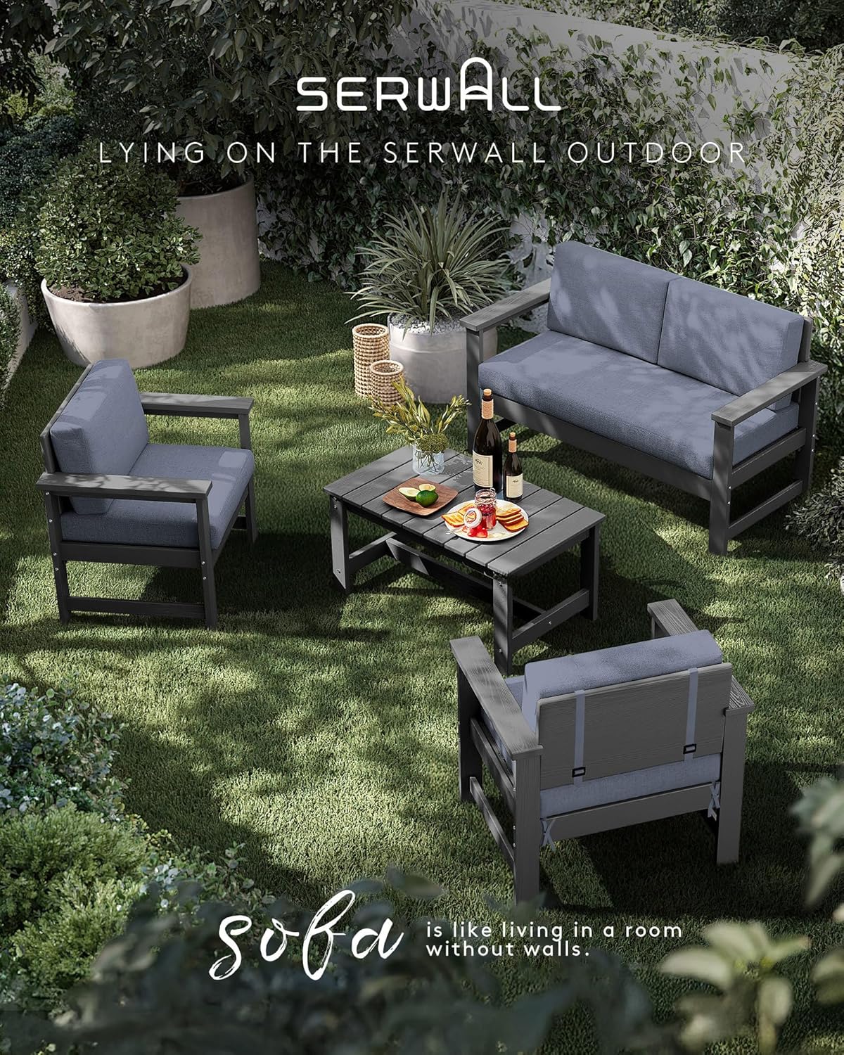 SERWALL 8 Pieces HDPE Outdoor Conversation Sofa Set with Cushions, All Weather Use Couch Loveseat Furniture Set with Pads, Outdoor Social Sofa Coffee Table Set, Grey Frame with Grey Cushions