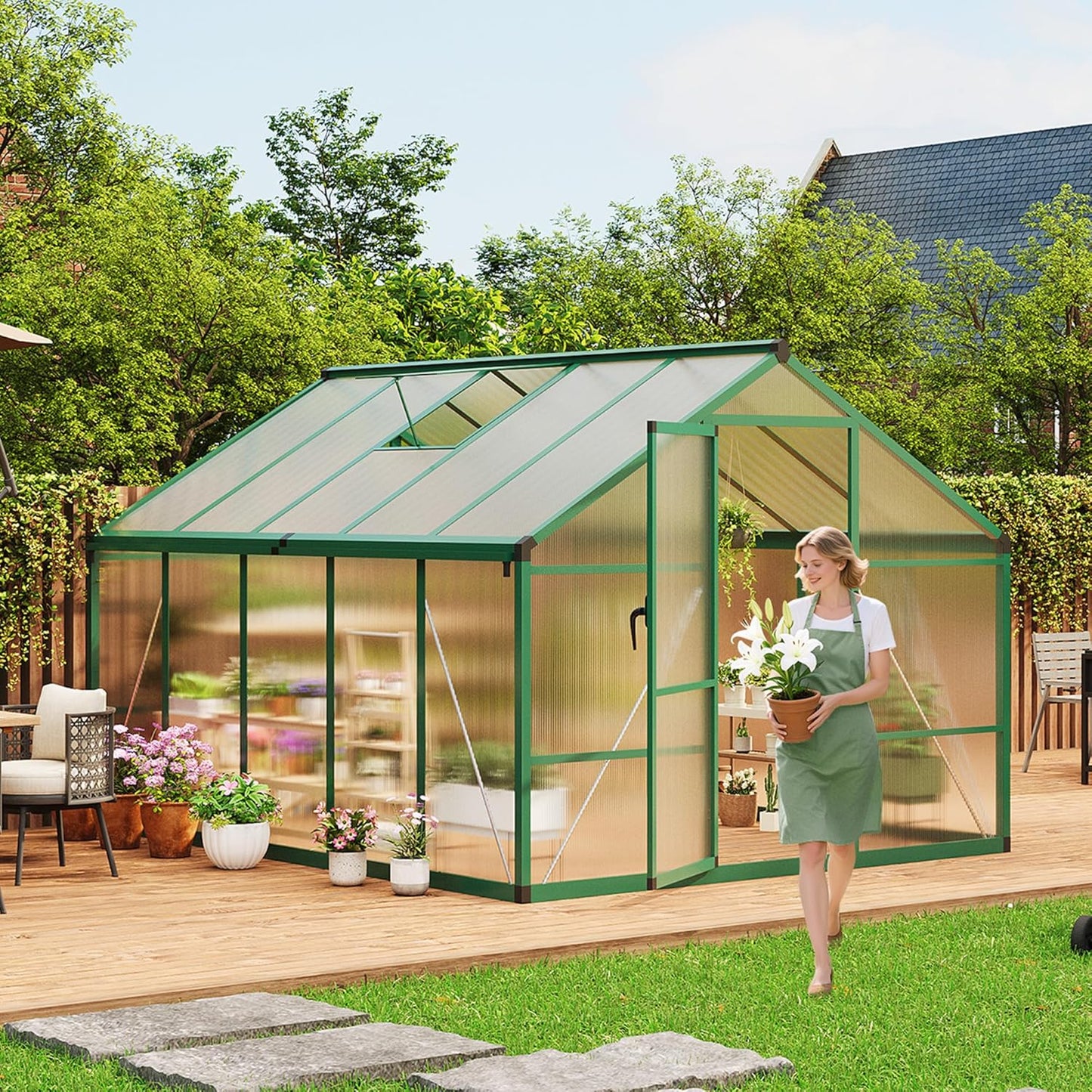 8x10 FT Greenhouse for Outdoors, Polycarbonate Greenhouse with Roof Vent, Ground Nails, Lockable Push Door, Aluminum Large Walk-in Green House for Outside Garden Backyard, Patio, Lawn, Green