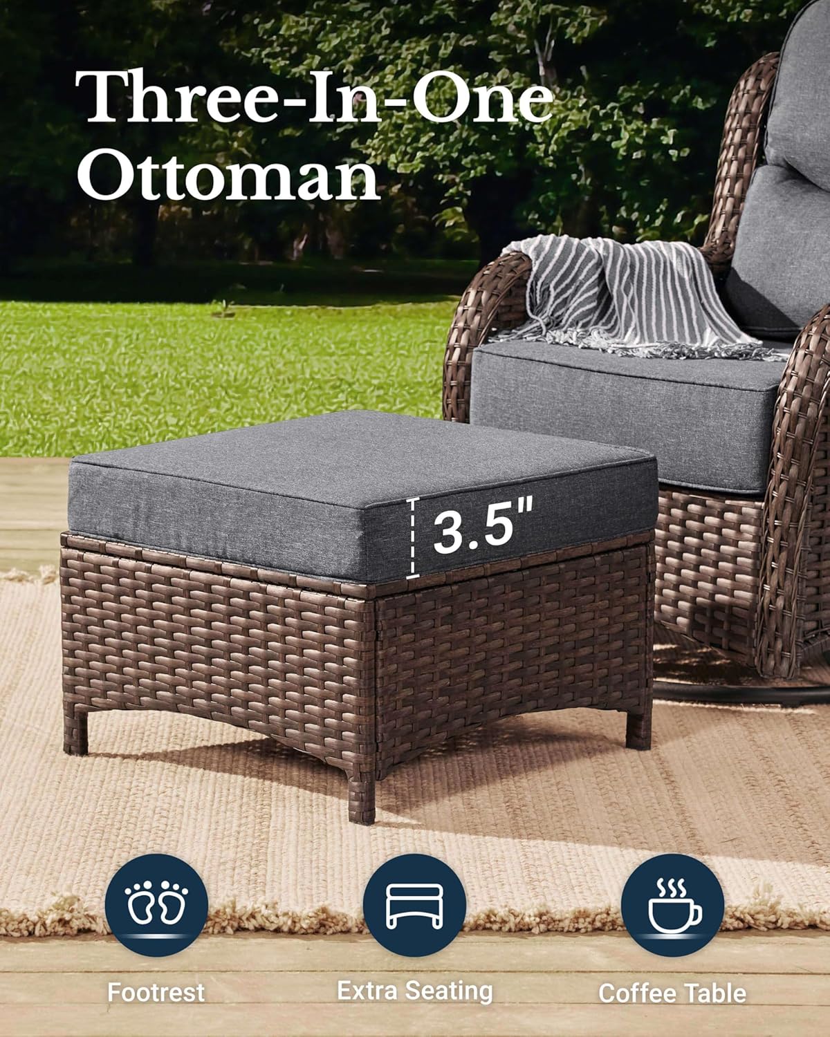 HILLGA Luxury Patio Furniture Set with 6-inch Thick Cushion, Outdoor High Back Swivel Rocker Patio Chairs, 5PCS Wicker Conversation Set for Deck Yard and Poolside, Dark Grey (V2)