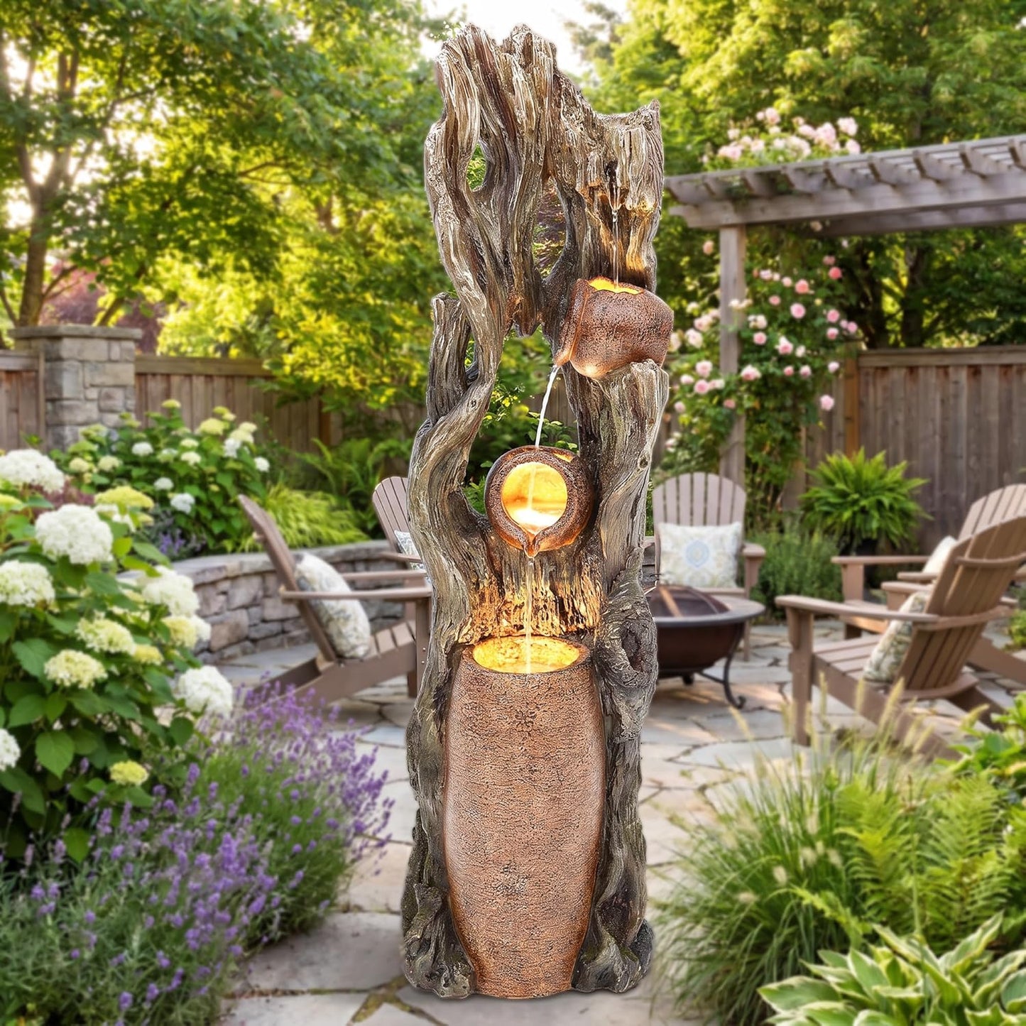 AUTODAYA Tall Outdoor Water Fountain with LED Lights, 42.7" 3-Tier Rainforest Waterfall Tree Trunk and Jar Garden Fountain, Ideal for Serene Relaxing Patio, Yard or Porch