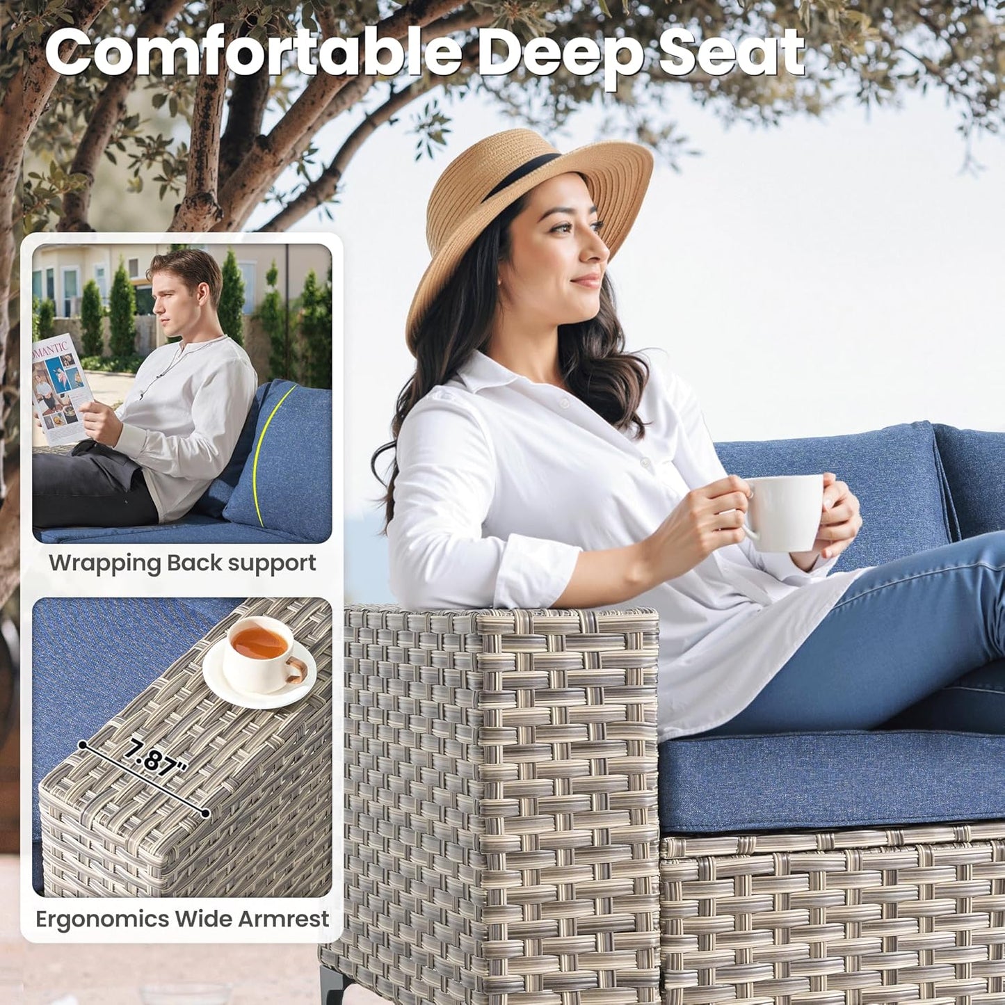 ovios 9 Pieces Patio Furniture Set Outdoor Sectional Sofa Couch with Fire Pit Table Rocking Swivel Chairs Deep Seat Chaise, Modern Modular Wicker Rattan Conversation Set, Denim Blue