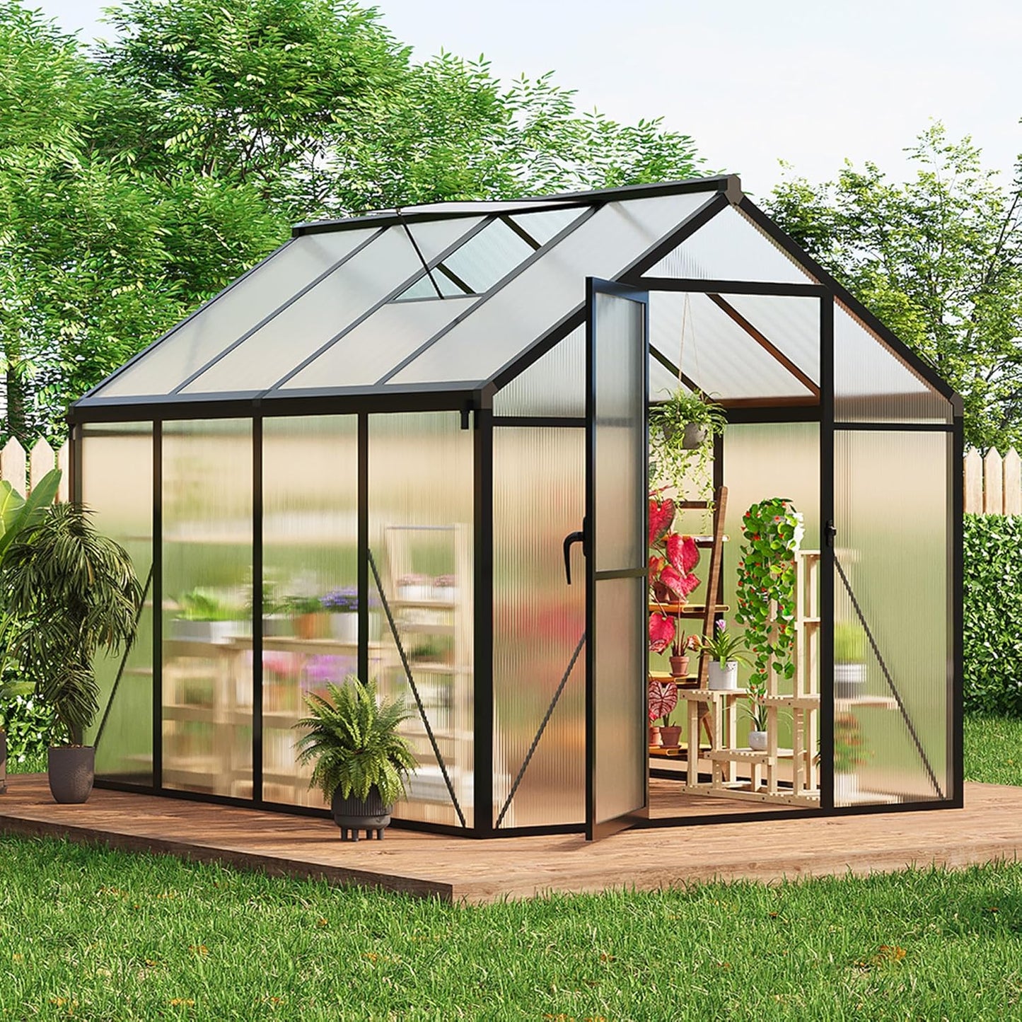 6 X 8 FT Greenhouse, Outdoor Greenhouses, Polycarbonate Panels with Aluminum Frame, Adjustable Roof Vent and Lockable Door, Green Houses for Outside Backyard, Garden, Patio