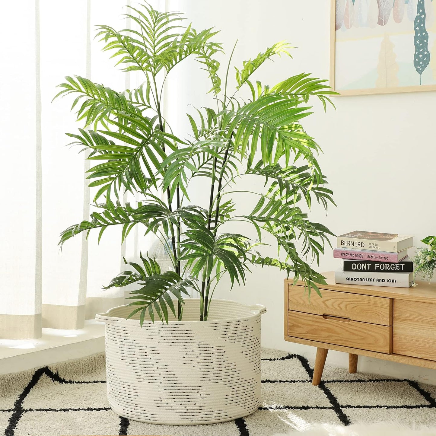 KAKAMAY Large Blanket Basket (20"x13"),Woven Baskets for storage Baby Laundry Hamper,Cotton Rope Blanket Basket for Living Room, Laundry, Nursery, Pillows, Off White with Blue & Brown Dotted Pattern