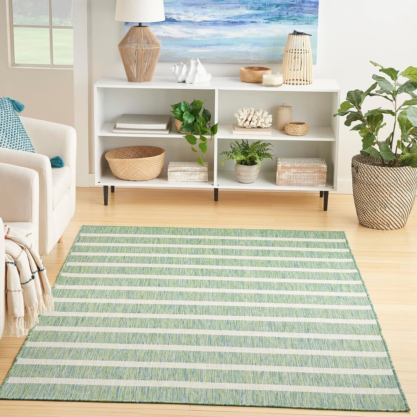 Nourison Home Positano Indoor/Outdoor Blue Green Ivory 6' x 9' Area Rug, Easy Cleaning, Non Shedding, Bed Room, Living Room, Dining Room, Deck, Backyard, Patio (6x9)
