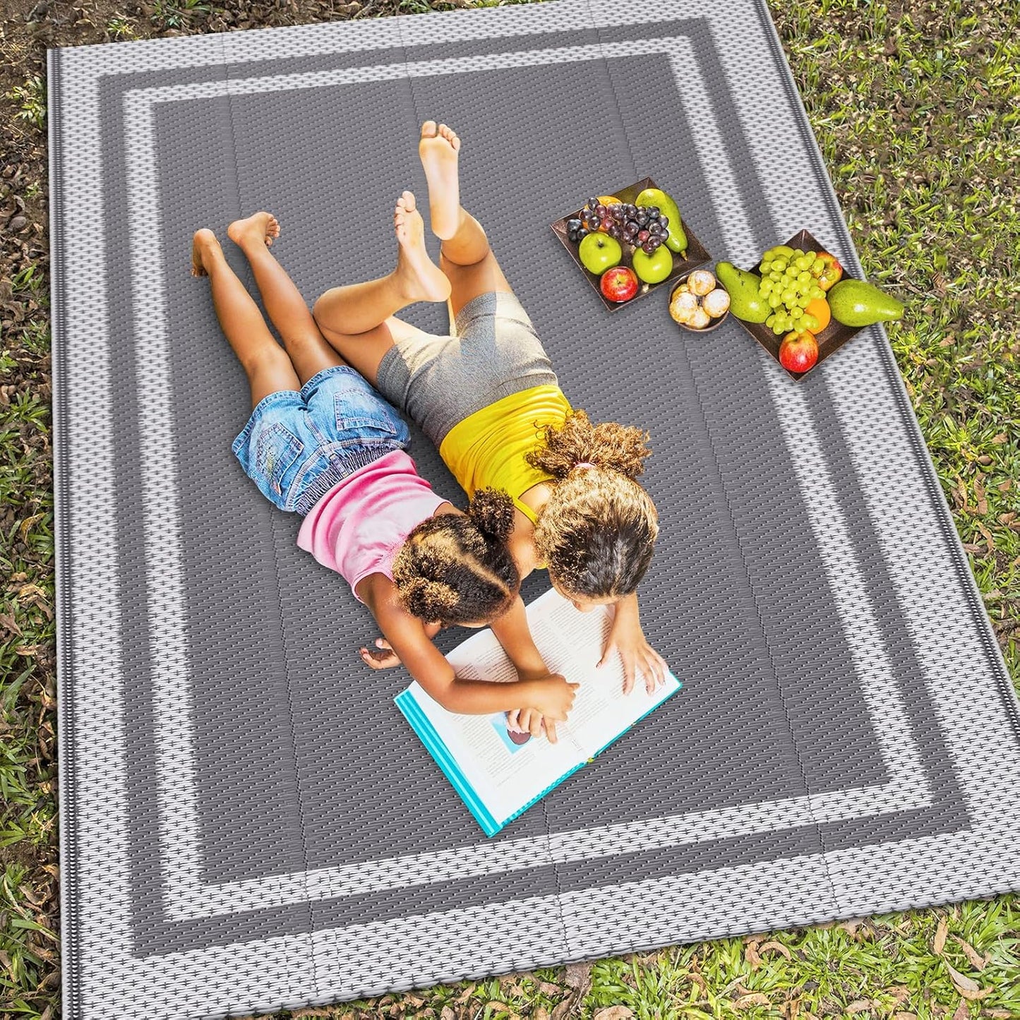 HappyTrends Outdoor Rug Reversible Portable Plastic Straw Camping Rugs for Outside RV,Large Waterproof Outdoor Area Rugs for Patio,Deck,Porch,Balcony(8'x 10',White&Gray)