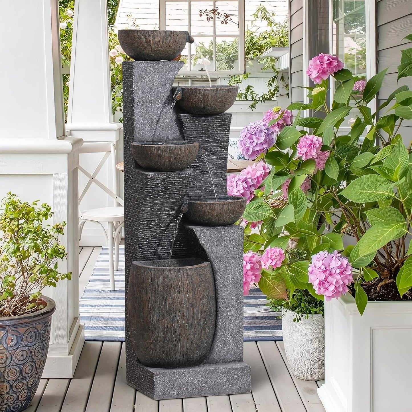 Bumilgar51.4 H Water Fountain Outdoor&Indoor, 5-Tiers Cascading Modern Feature Crocks Garden Fountains and Waterfalls with Warm Lights for Porch, Deck, Patio, Home Décor (Gray)
