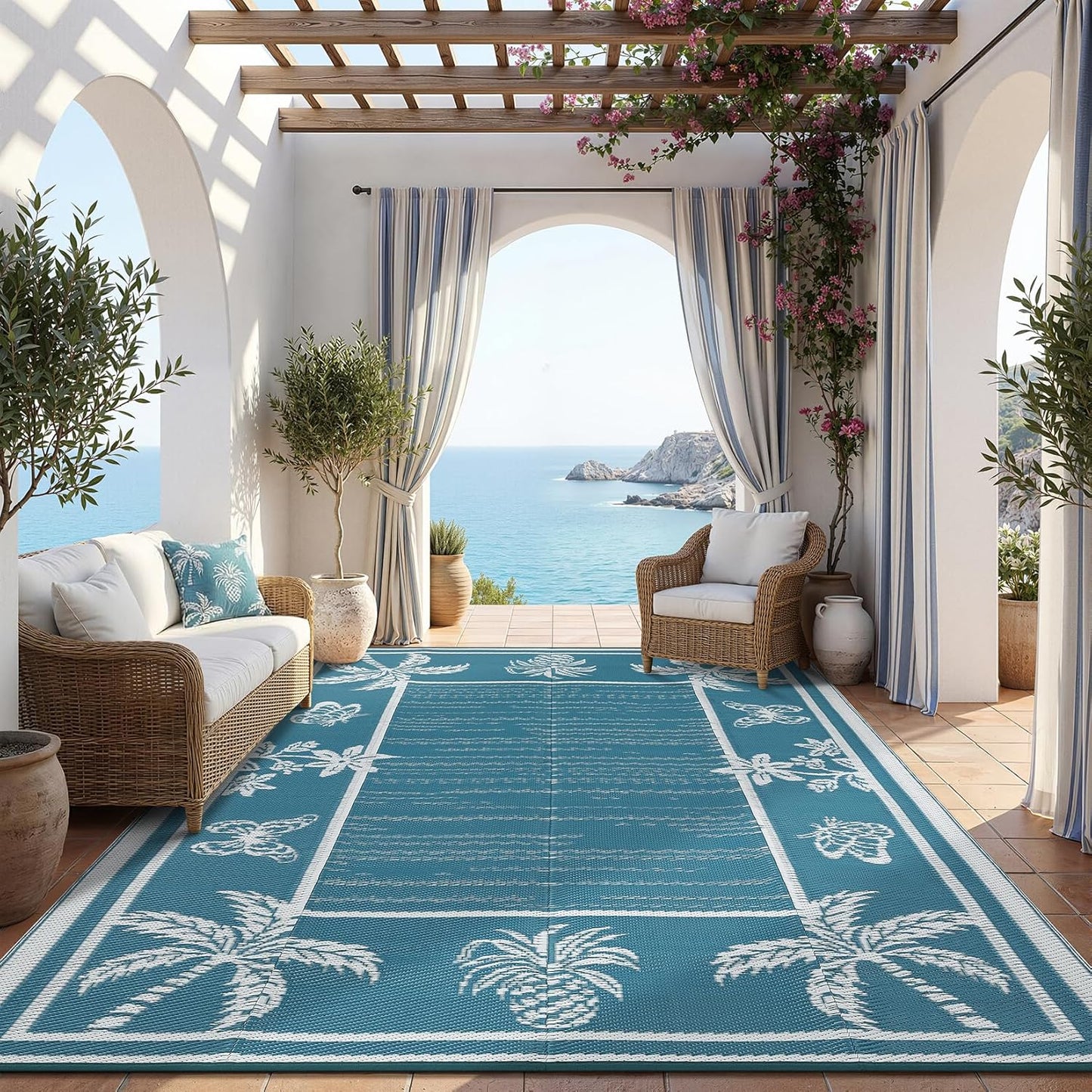 Garvee Outdoor Rug 5x8 Waterproof for Patios, Reversible Plastic Straw Rug, Tropical Leaf Indoor Outdoor Rugs, Large Area Rug for RV, Camping, Deck, Picnic Mat, Outside Carpet, Blue & White