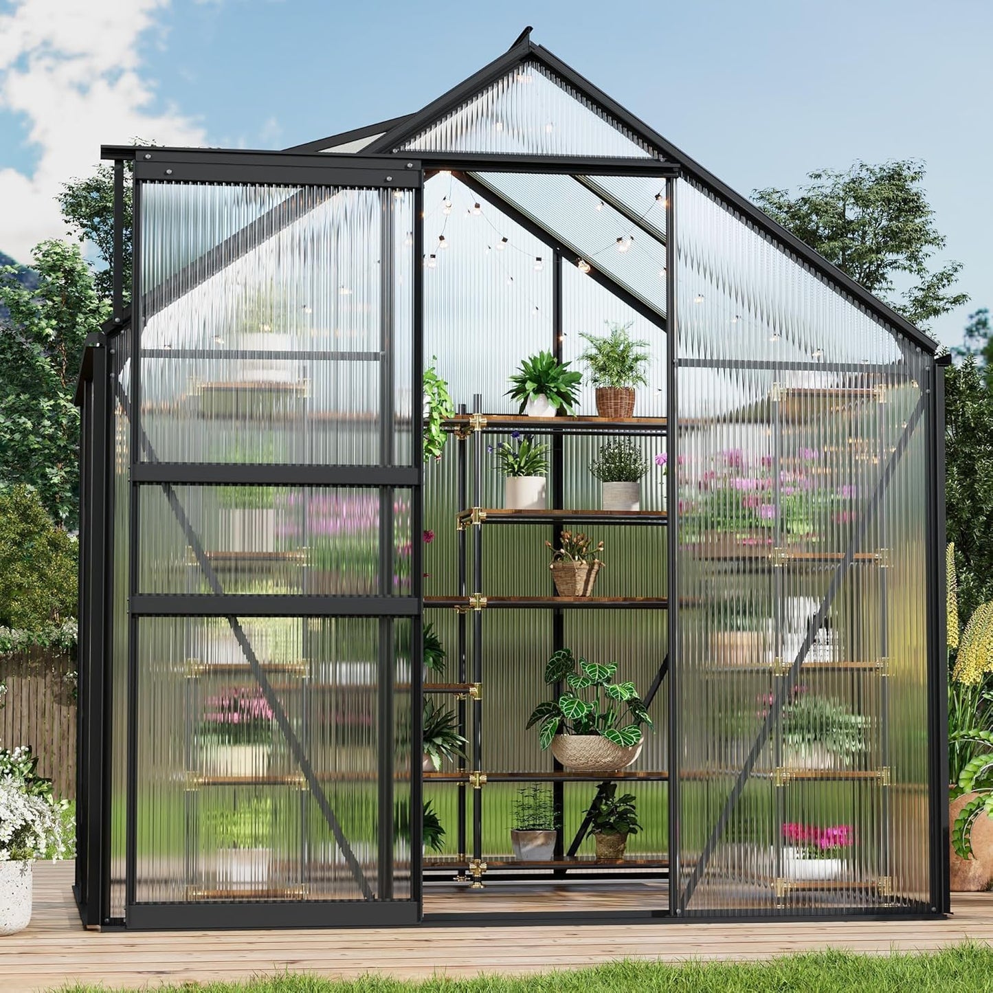 6x4 ft Greenhouse, Walk in Polycarbonate Greenhouses for Outdoors with Roof Vent&Sliding Door, Heavy Duty Green House with Aluminum Frame for Outside Garden Backyard, Patio, Lawn, Black