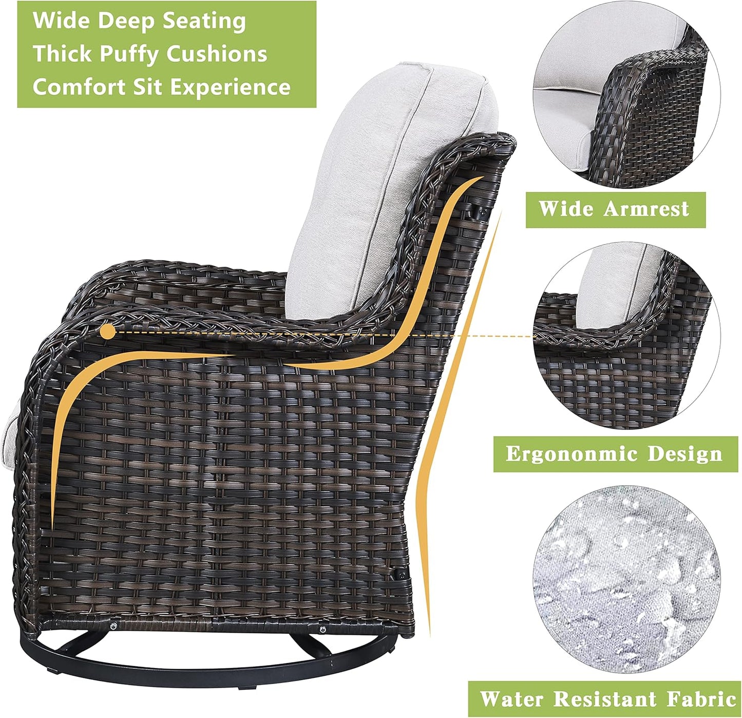 Outdoor Wicker Patio Furniture Set - 5 Pieces Rattan Patio Conversation Set with 2 Rocking Swivel Chairs,2 Ottomans and 1 Side Table for Porch Deck Backyard Garden(Brown/Beige)