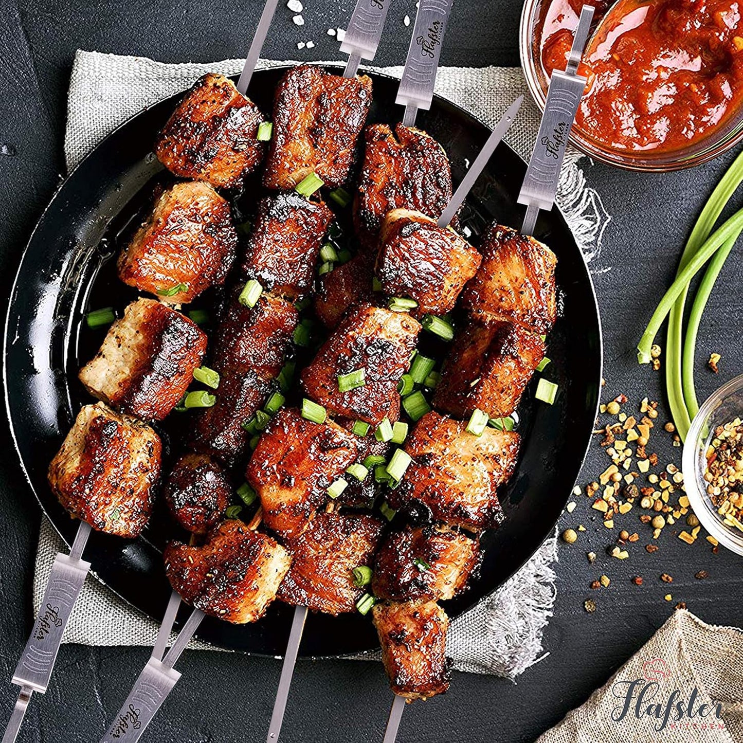 "FLAFSTER KITCHEN BBQ Skewers for Grilling - 16" Stainless Steel Flat Kebab Sticks with Push Bar, Reusable Metal Shish Kabob Skewers, Set of 6"