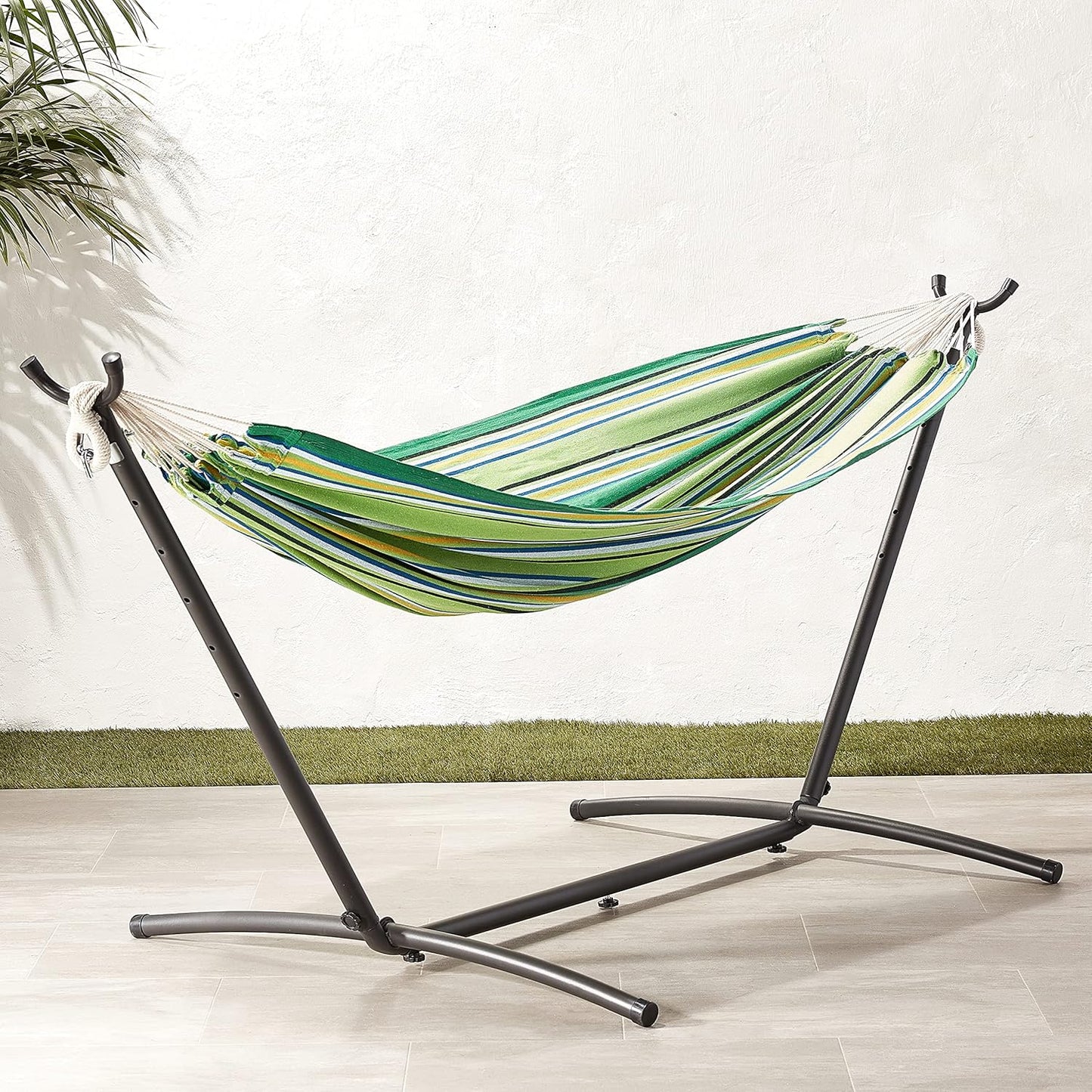Amazon Basics Double Hammock with 9-Foot Space Saving Steel Stand and Carrying Case, 450 lb Capacity, Vigor Green, 110x47x43 inches