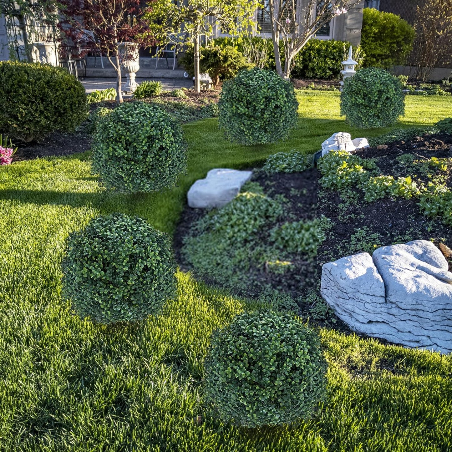 27.5" Artificial Boxwood Topiary Ball Tree with Ground Spike, Set of 2 Artificial Cedar Bushes, UV Resistant Faux Boxwoods Outdoor Plants Artificial for Porch Garden Front Porch Decor