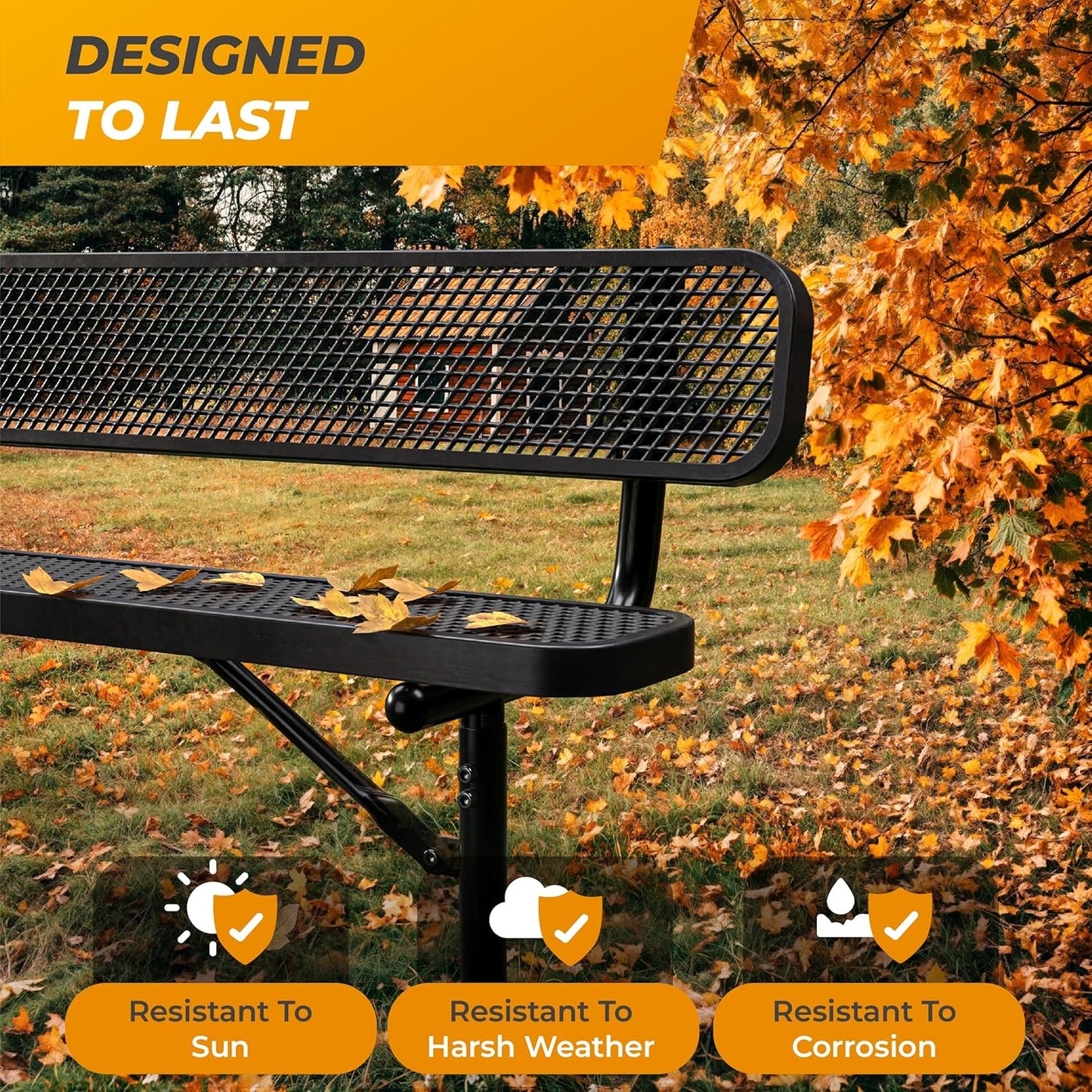 Heavy-Duty Outdoor Metal Bench, Thermoplastic-Coated, Surface, Weatherproof, Commercial-Grade for Parks, Gardens, Patios, Stores & More (8 Ft - Surface with Back, Black)