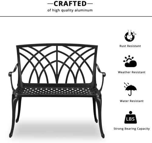 38" Outdoor Garden Bench, Patio Furniture Outdoor Chair with Aluminum Frame, Weather Proof Patio Park Bench with Orchid Backrest for Park, Porch, Pool, Backyard