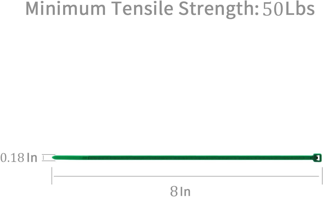 XINGO 100PCS Heavy Duty Cable Zip Ties, 8 inch Green Nylon, 50 Pounds Tensile Strength, Self-Locking