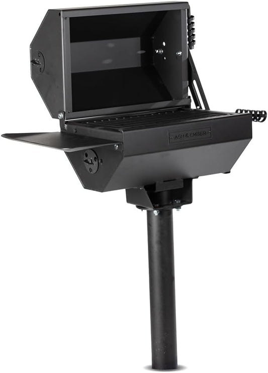 Ash & Ember Park-Style Grill/Smoker, 260 Sq In Charcoal Grill with Cover, 17.5"x11.5" Grate, Side Shelf for Food Prep, Single Post Permanent Park-Style Grill for Outdoor Backyard BBQ