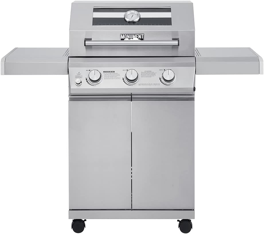 Monument Grills Larger 3-Burner Propane Gas Grills barbeque Stainless Steel Heavy-Duty Cabinet Style with Knob Controls, Outdoor Use, Mesa 300