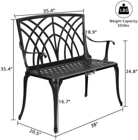 38" Outdoor Garden Bench, Patio Furniture Outdoor Chair with Aluminum Frame, Weather Proof Patio Park Bench with Orchid Backrest for Park, Porch, Pool, Backyard