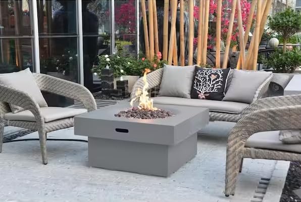AMS Fireplace | Modeno Branford Package | Light Gray Liquid Propane Gas Fire Pit Table for Outside Patio Bundle with Tank Cover, Wind Guard & SS Burner Lid | Free Ice Bucket & Rubber Mat