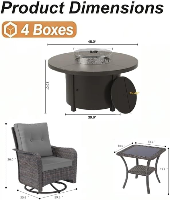 ALAULM 7-Piece Patio Furniture Set with 40,000 BTU Round Fire Pit Table, Outdoor Swivel Rocking Chairs Set, Wicker Patio Chairs with Side Table for Poolside, Deck, Backyard, and Garden—Grey