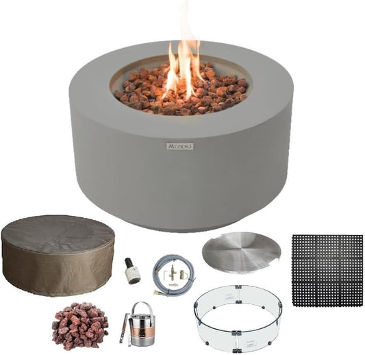 AMS Fireplace | Modeno Waterford Package | Light Gray Natural Gas Fire Pit Table for Outside Patio Bundle with Wind Guard, SS Burner Lid | Free Ice Bucket & Rubber Mat