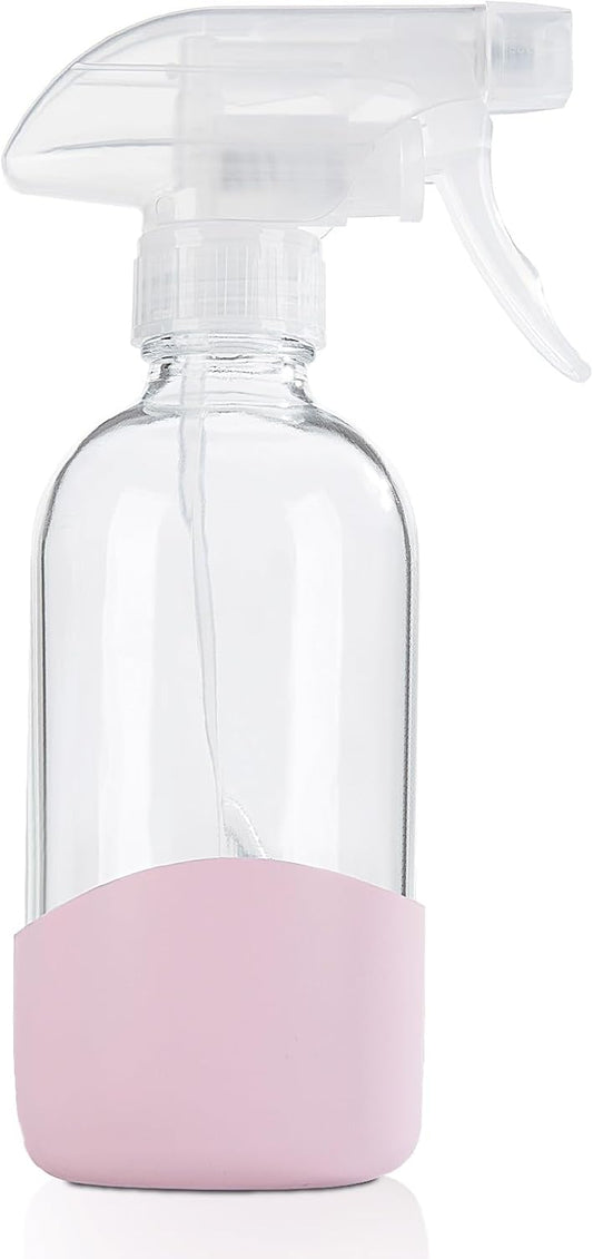 HOMBYS 8 Oz Empty Clear Glass Spray Bottles with Silicone Sleeve Protection Refillable Containers for Cleaning Solutions, Essential Oils, Misting Plants - Quality Sprayer - 1 Pack Boston Bottles