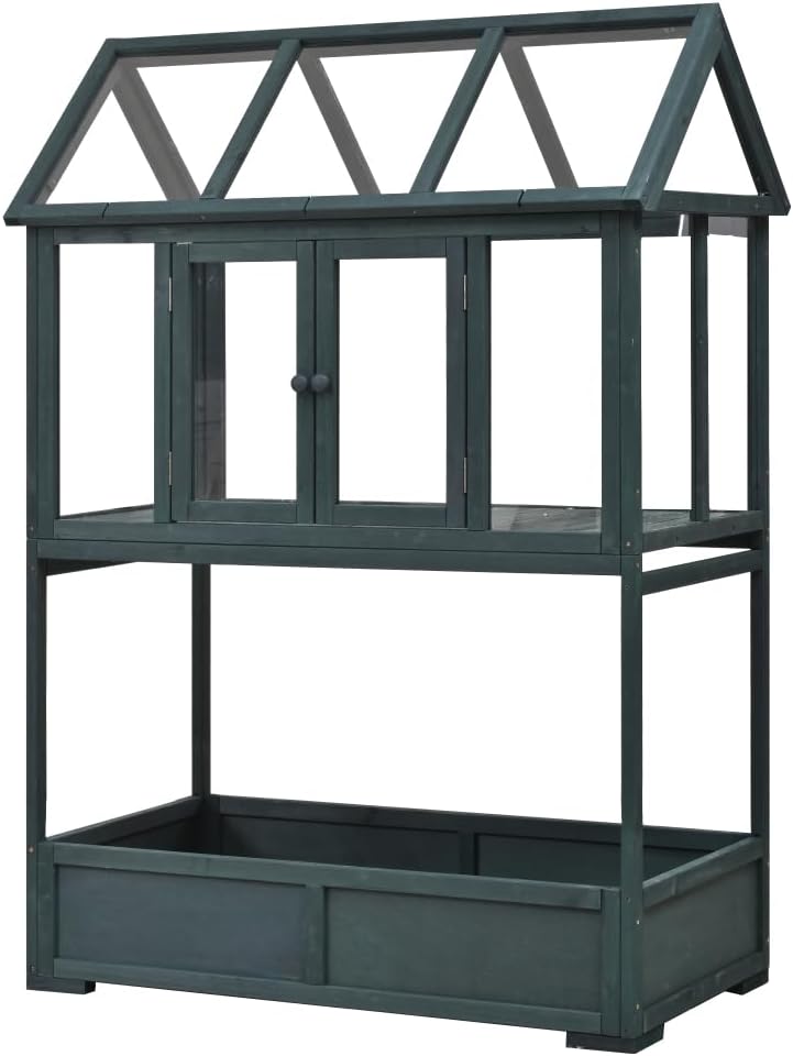 Garden Wood Portable Cold Frame with Movable Wheels Mini Greenhouse with Openable Roof and Storage Box (Green)