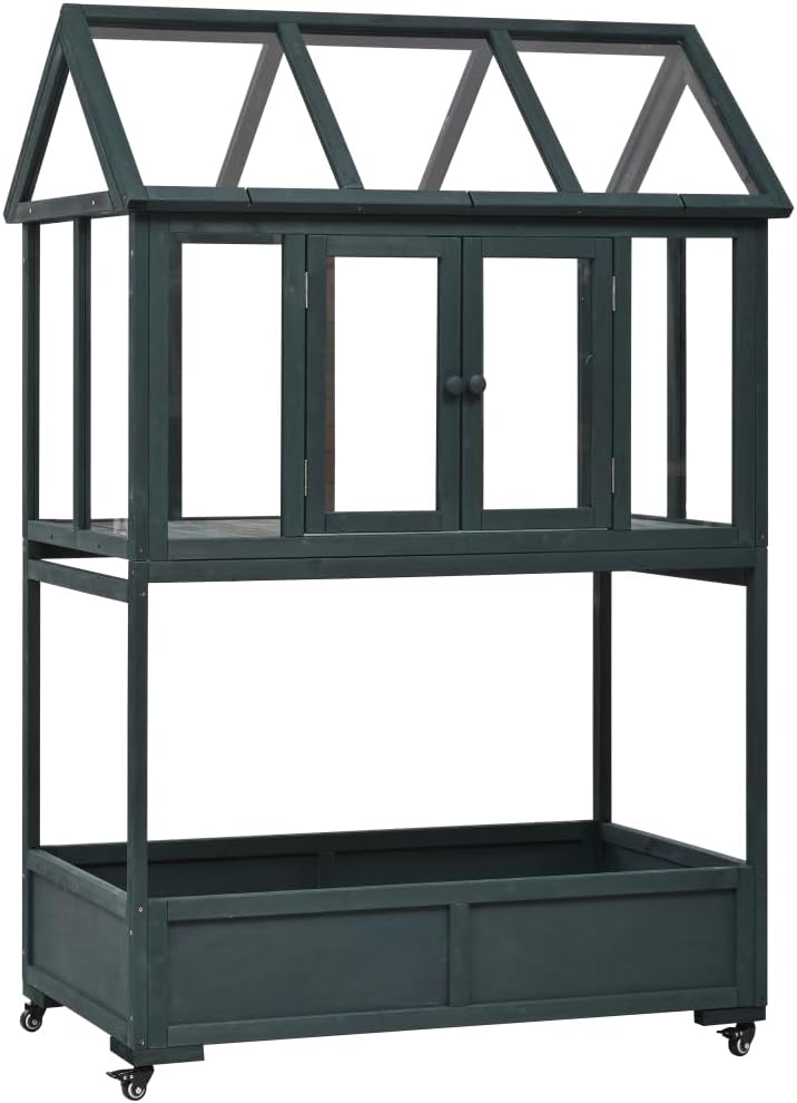 Garden Wood Portable Cold Frame with Movable Wheels Mini Greenhouse with Openable Roof and Storage Box (Green)