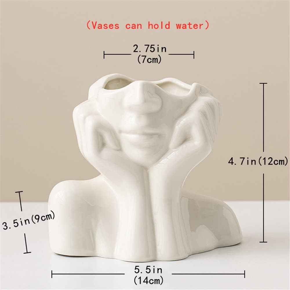 Ceramic Face Vase, White Flower Vases for Decor Female Form Head Half Body Vase Boho Unique Decorative Modern Style for Home Living Room Office Book Shelf (Medium)