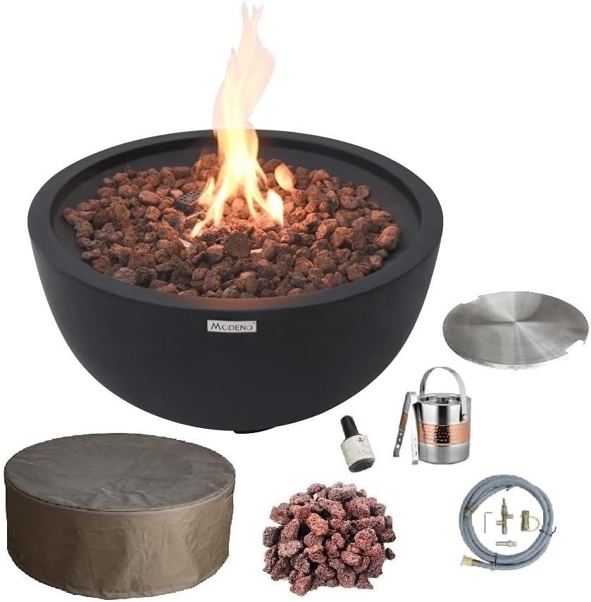 AMS Fireplace | Modeno Jefferson Package | Black Natural Gas Fire Pit Table for Outside Patio Bundle with SS Burner Lid | Free Ice Bucket
