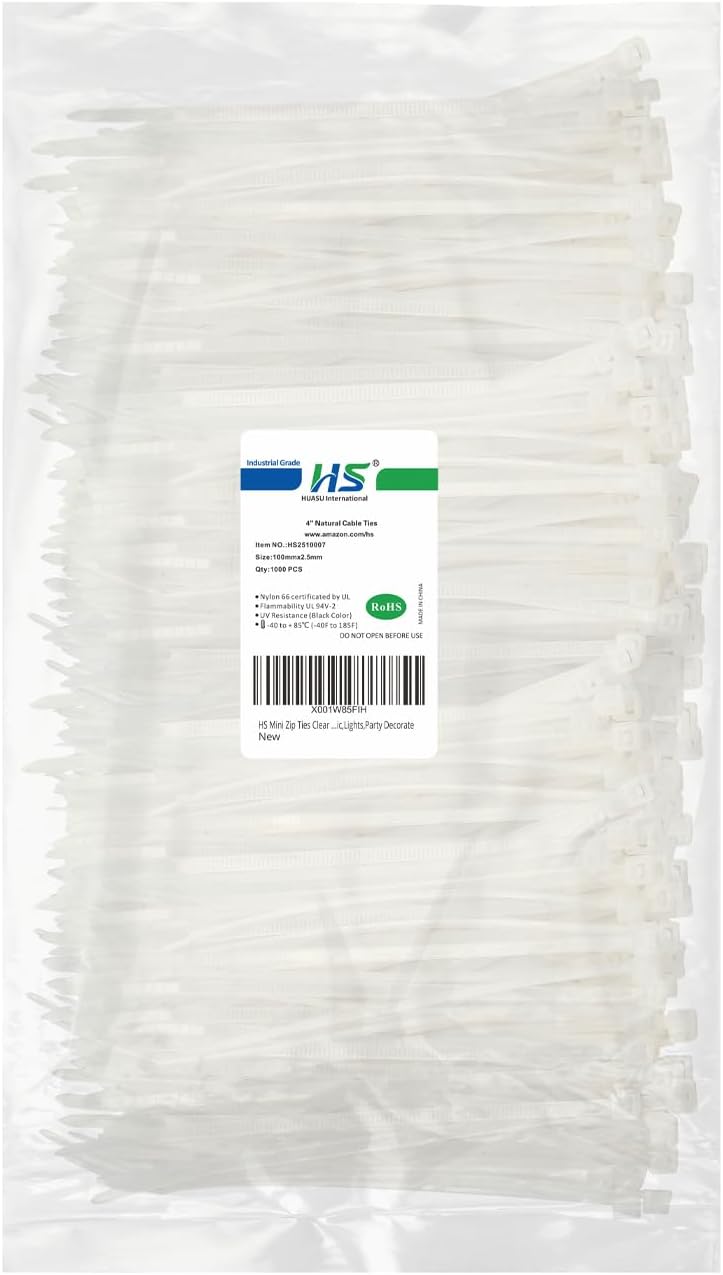 HS 1000 Pack Mini Zip Ties Clear Plastic Ties 4 Inch Bulk 4" White Cable Ties 18 Lb for Bag Tags,Electric,Lights,Party Decorate