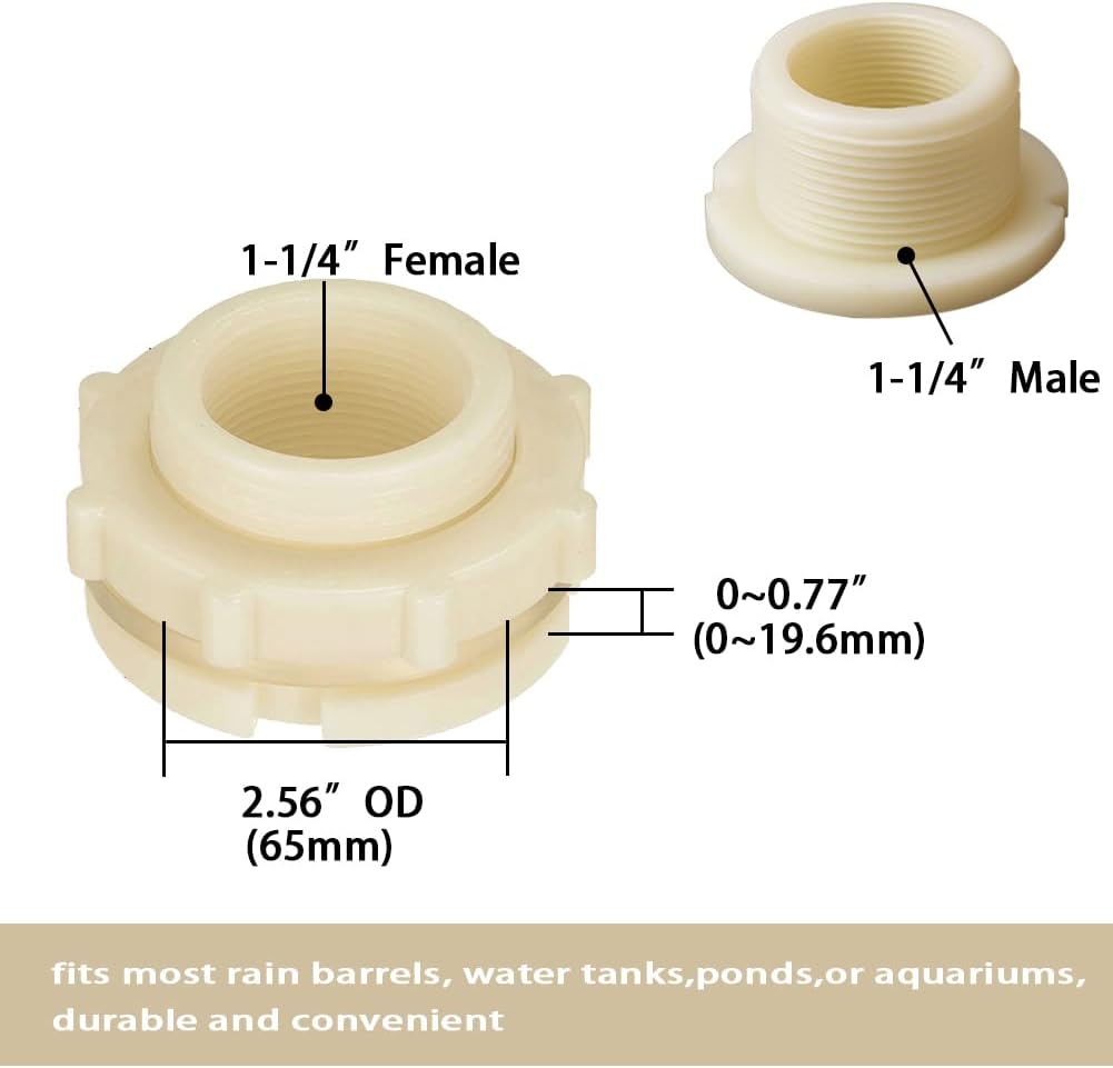 1.25 Female ABS Bulkhead Fitting, Plastic Water Tank Connector Adapter Fitting with Plugs for Outdoor rain Barrel Garden Hose Adapter Spigot kit Water Tank Gallon Drain Bucket(Set of 4)
