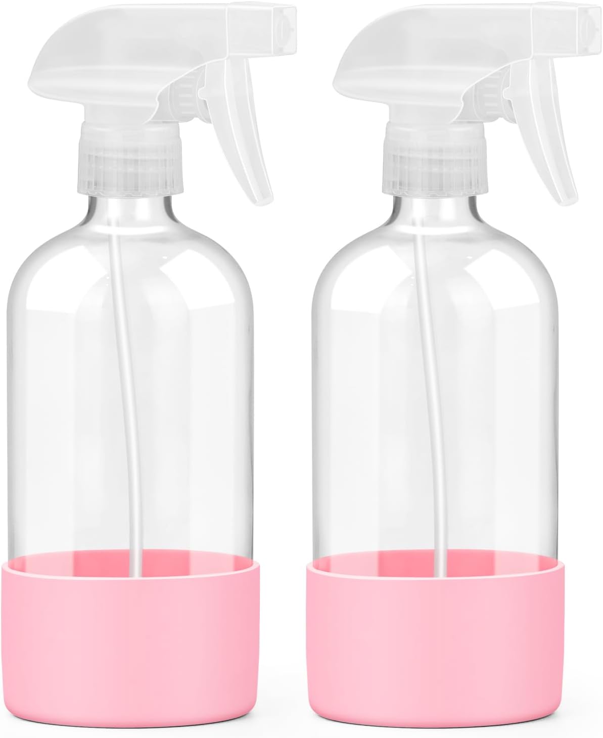2 Pack Glass Spray Bottles with Silicone Sleeve, 16 oz Empty Refillable Containers with Adjustable Spray Nozzles, Spray Bottles for Hair, Cleaning Solutions and Plants Pink