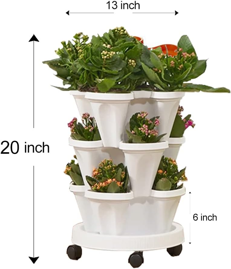 2 Pack 6 & 3 Tiered Strawberry Vertical Planter Tower Garden, Stackable Herb Garden Planter with Movable Casters and Bottom Saucer Indoor and Outdoor
