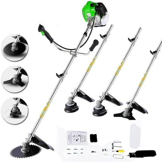 58CC Weed Wacker Brush Cutter, Gas Powered String Trimmer 4-in-1 Gas Weed Eater with 4 Detachable Heads Straight Shaft 2-Cycle for Weed, Brush(Green)